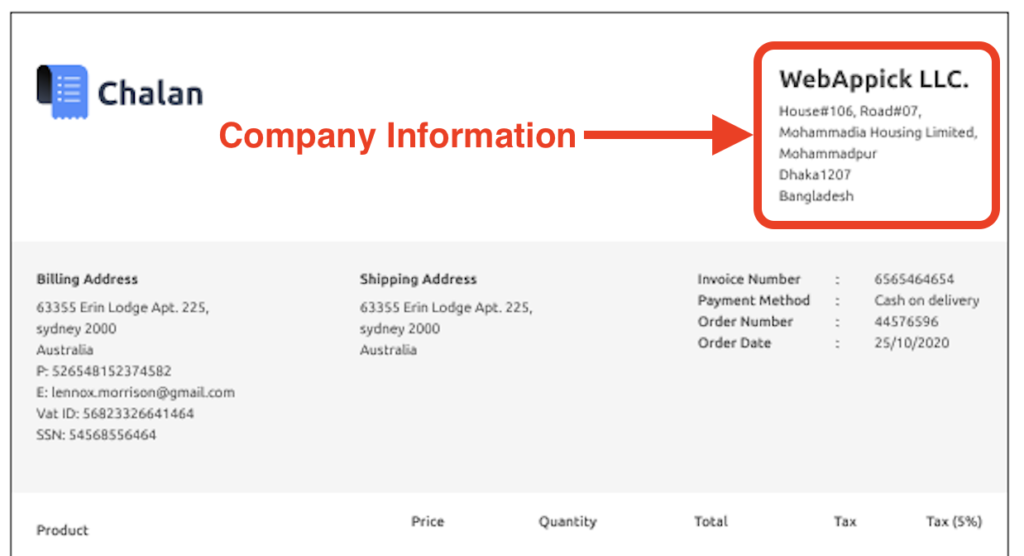 Company Information in an Invoice